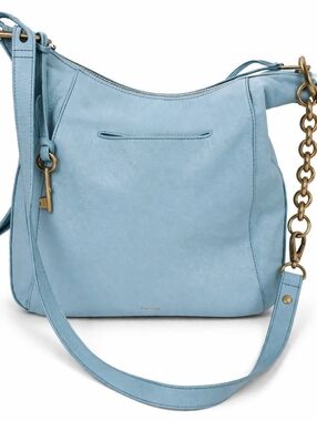 Fossil Leather Crossbody Bag Blue Teal Shoulder Purse Gold Chain Strap Medium.